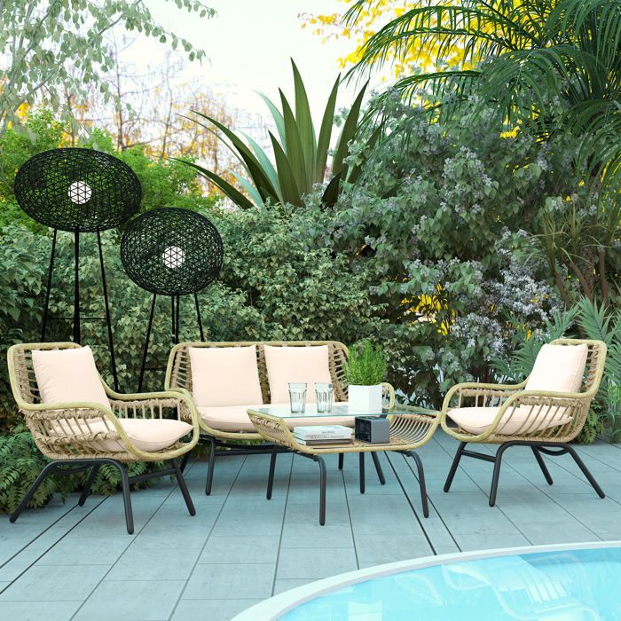 Outsunny - Set di mobili da giardino - Resina intrecciata - 118x69x73 cm - Beige