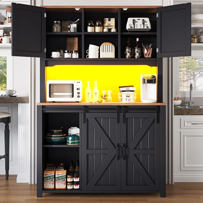 Aparador de cozinha estilo campestre - MODERNLUXE - 115x40x175 cm - 4 portas - 2 gavetas - Iluminação LED - Preto - MDF