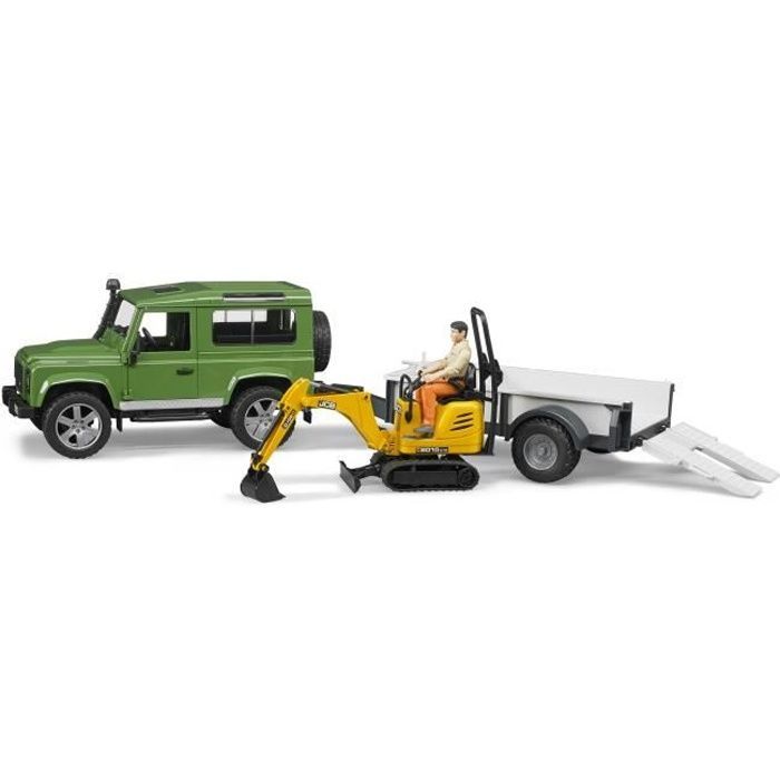 Land Rover Defender avec remorque et mini-pelle JCB - BRUDER