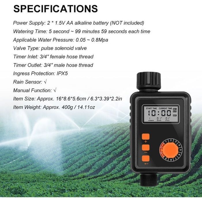 Programador de riego automático AIMOONSA – 9 programas, sensor de lluvia, pantalla LCD, IPX5