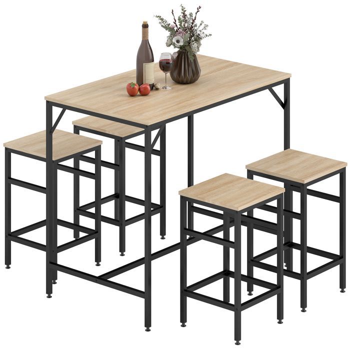 Conjunto de mesa de bar - HOMCOM - estilo industrial + 4 taburetes de roble claro - metal y madera - negro