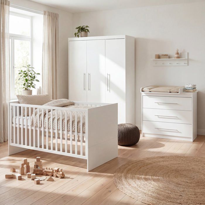 Conjunto completo para habitación infantil ROBA - Maren - Cuna convertible 70x140 + Cambiador compacto + Armario - Blanco