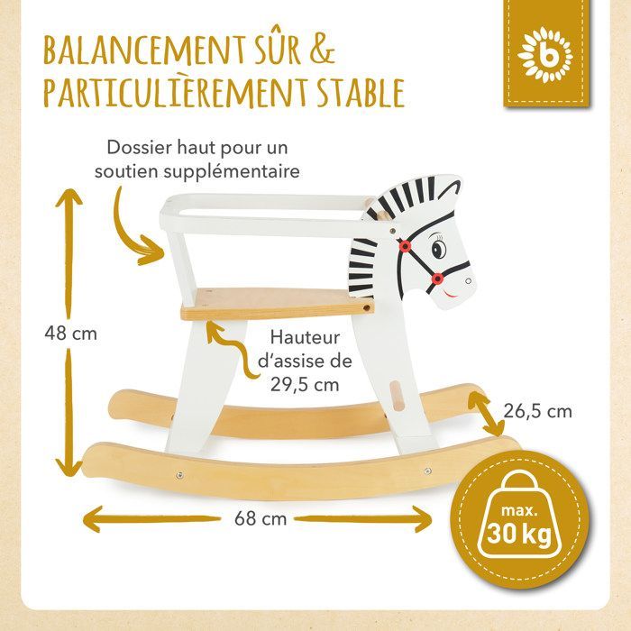 Toy - BIECO - Wooden Zebra Rocking Horse - Footrests - Safety Frame - 1 year and up