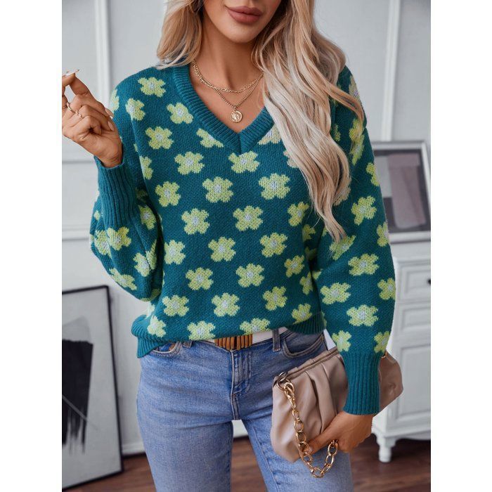 Jersey de mujer – Jacquard floral – Cuello en V – Manga larga – Otoño/Invierno – Talla europea – Azul