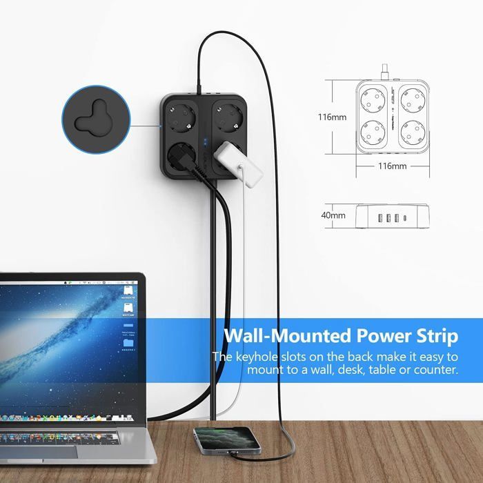 Regleta protectora contra sobretensiones USB de 4 tomas con 3 puertos USB-A + 1 puerto USB-C y cargador (5V 3.4A)