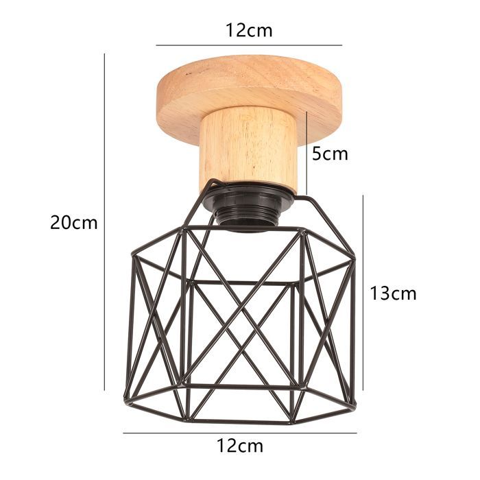 SNOGOLD Plafonnier Industriel Lampe de Plafond Rétro en Métal et Bois, Vintage E27 Luminaire Hexagone Cage Noir pour Salon Chambre