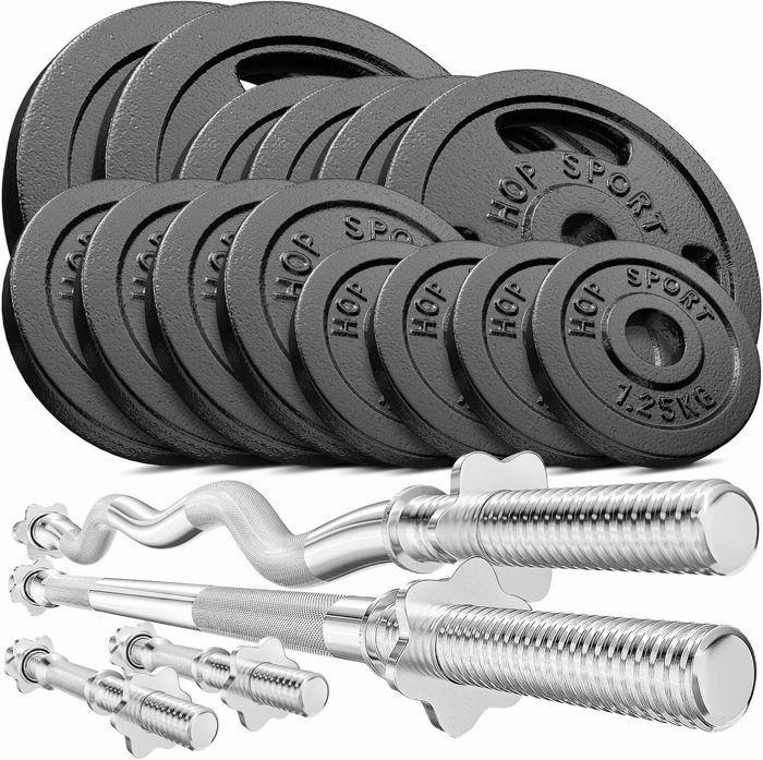 Hop-Sport 76kg Cast Iron Dumbbell Set with Two Short Bars, Long Bar, SZ-Curl Bar and Weight Plates, Dumbbell Set