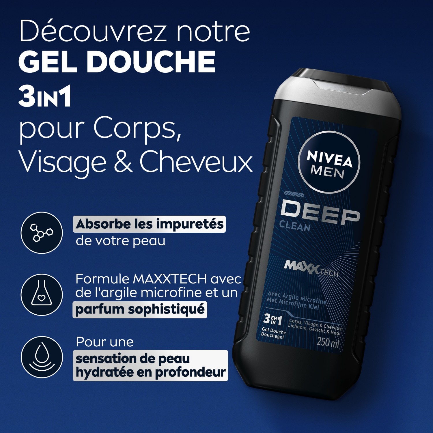NIVEA Gel douche homme 3en1 visage corps&cheveux poudre d'Argile
