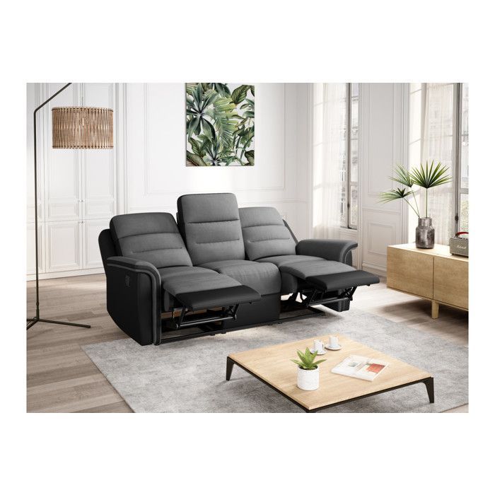 Canapé de Relaxation 3 places en Microfibre et Simili LÉON - Gris et Noir - L191 x 94 x 100cm - LOUNGITUDE