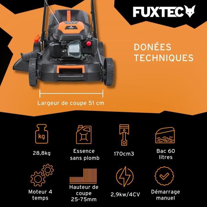 Rasaerba semovente a benzina FUXTEC 170cc, larghezza di taglio 51 cm, velocità regolabile, sacco di raccolta erba da 60 litri, facile da pulire – FX-RM5170PRO