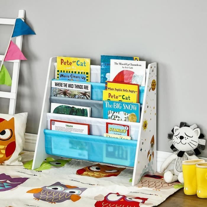 Estantería infantil SONGMICS, estante de almacenamiento para libros, con kit antivuelco, 62,5 x 28 x 60 cm, estampado espacial, blanco.