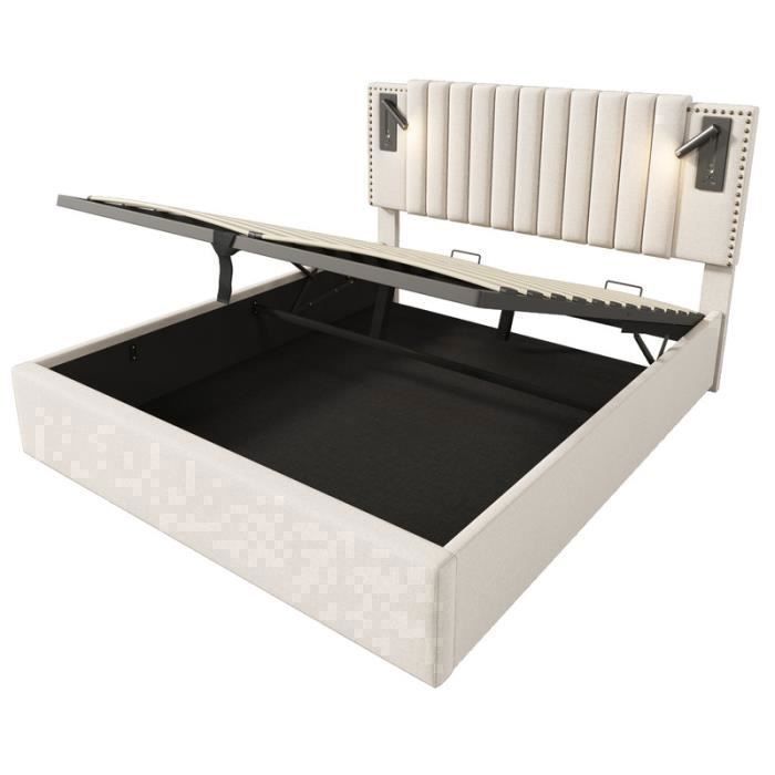 Lit double rembourré - PDZZZD - 180x200 cm - Coffre de lit - Chargement USB - Beige