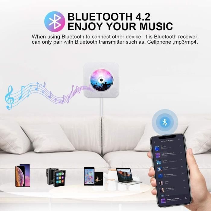 Gueray draagbare cd-speler, wandmontage Bluetooth cd-speler met ingebouwde hifi-luidspreker, FM-radio met 3,5 mm audio-aansluiting, sleutel