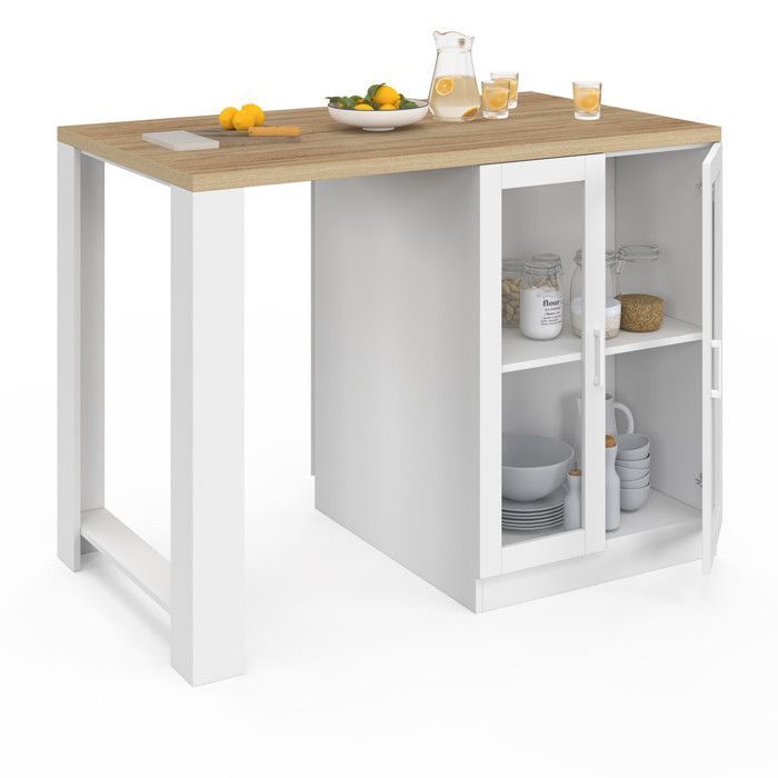 Isla central IDMARKET LINO de 120 cm para 2 personas, madera blanca con encimera efecto haya y puertas de cristal.