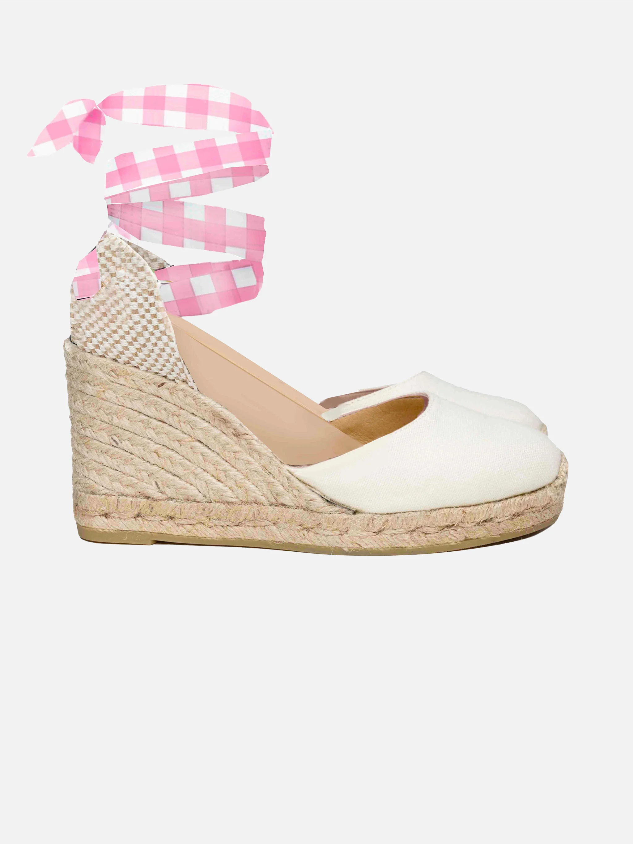Espadrillas in canvas stampa naturale con zeppa alta e laccio alla cav