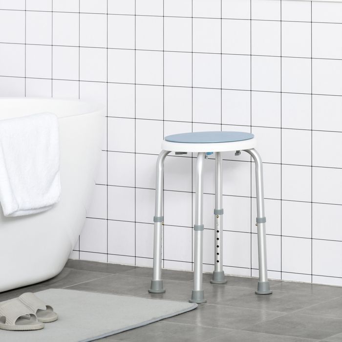 Taburete de ducha HOMCOM, asiento de ducha antideslizante, altura ajustable de 35,5 a 48,5 cm, giro de 360°, silla de ducha de aluminio.