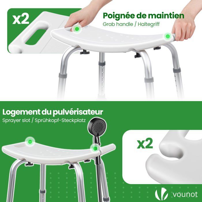 VOUNOT® Siège de douche ergonomique - Hauteur réglable - Pieds antidérapants - Tabouret en Aluminum HDPE - Blanc
