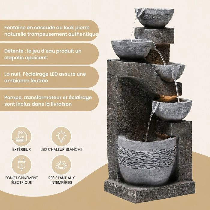 Fontaine de Jardin LED Gris – Fontaine Extérieure Kunststein + Pompe + Lumière LED, Bassin Décoratif, Terrasse/Balcon