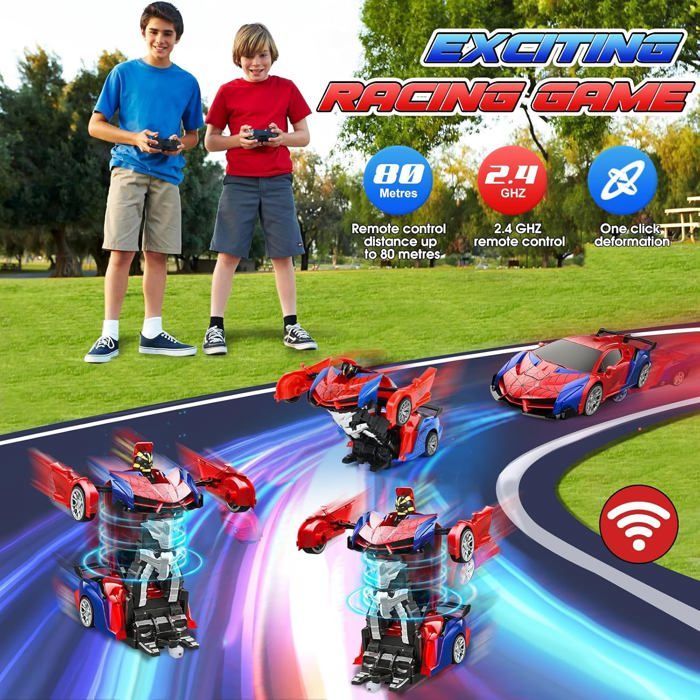 Coche de juguete transformable 2 en 1 con control remoto, luces LED, rotación de 360° y batería recargable por USB. Regalo ideal para niños y niñas.