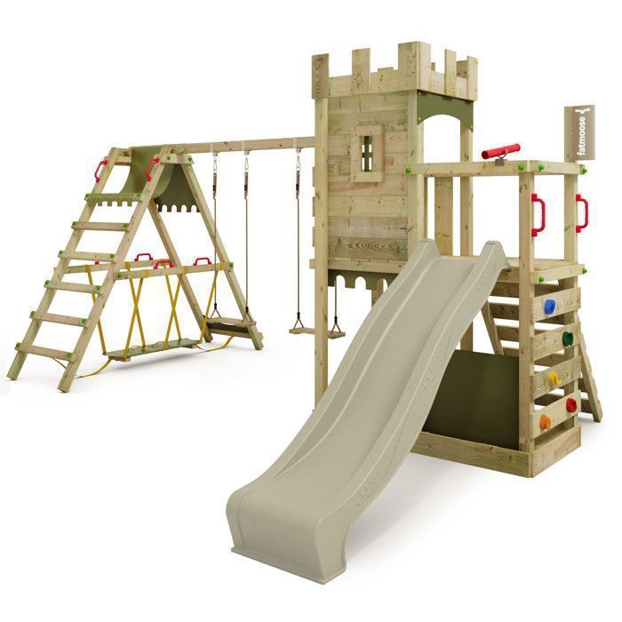 Tour de jeux bois FATMOOSE BoldBaron XXL avec SurfSwing, toboggan 220 cm vert sauge et mur d’escalade – 10 ans de garantie*