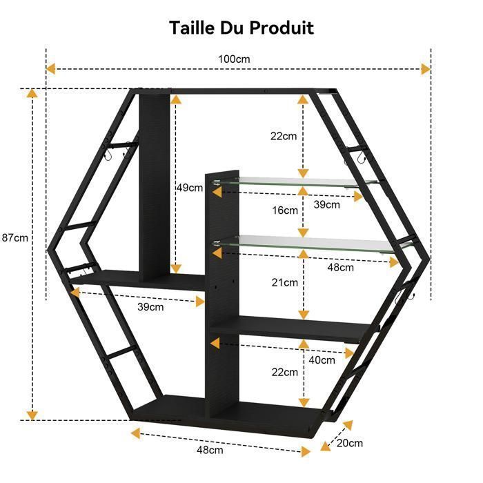 Étagère Murale avec Éclairage LED RVB, 5 Niveaux de Rangement, Étagère Flottante en Métal et Verre, Noir