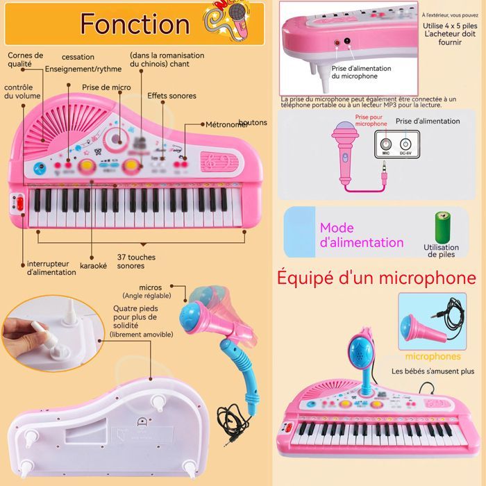 Órgano electrónico C de 37 teclas, mini piano electrónico multifuncional con micrófono, piano electrónico para niños.