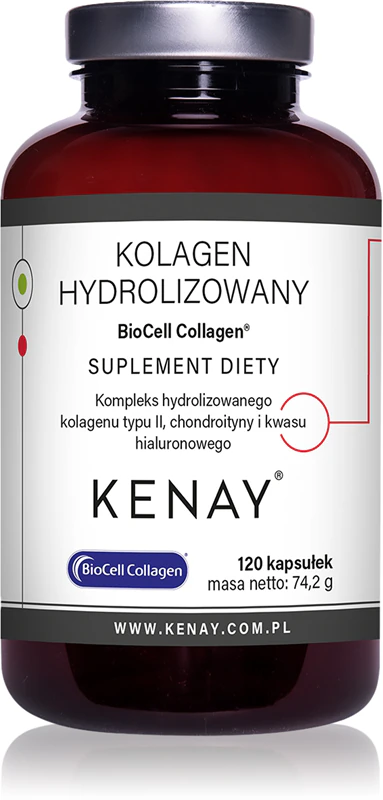 Cápsulas de suplemento alimentar Kenay Hydrolyzed Collagen BioCell para fortalecimento das articulações e firmeza da pele.