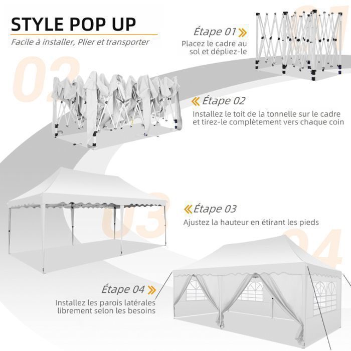 Tonnelle Pliante 3x6 Barnum Pavillon de Jardin impermeable avec 6 Côtés pour fête, Jardin, Festival, marché, Mariage - Blanc