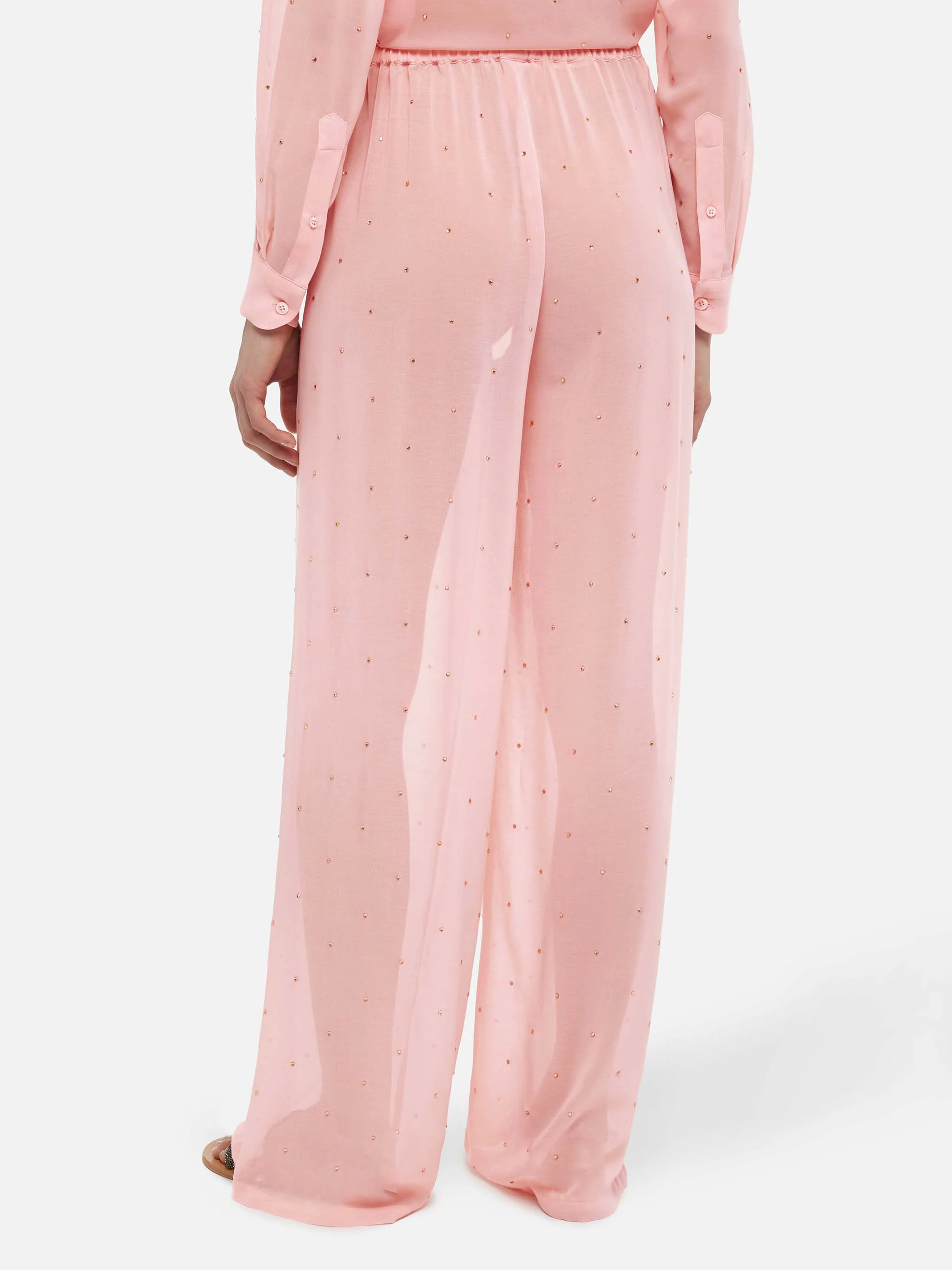 Amalia broek met wijde pijpen in roze georgette met strass-steentjes