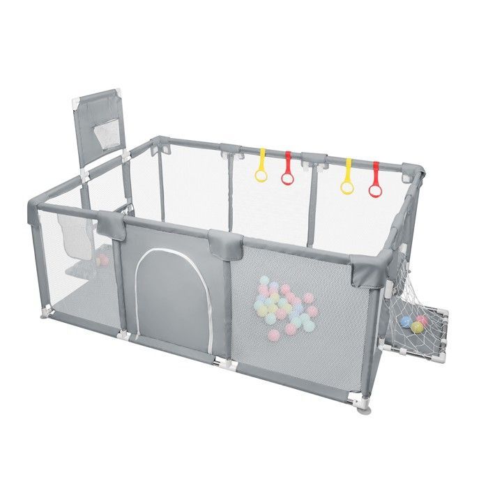 Parque infantil de seguridad MIPAN - Valla con pelotas de mar + 4 asas - 180 x 120 x 66 cm - Gris oscuro