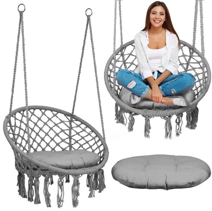 Fauteuil suspendu de jardin - JANSHOP - Style boho - Gris - Coussin inclus - Tressage épais - Structure métallique