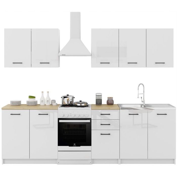 Sanclar 6-piece kitchen - white lacquered finish with black handles, 2 meters long