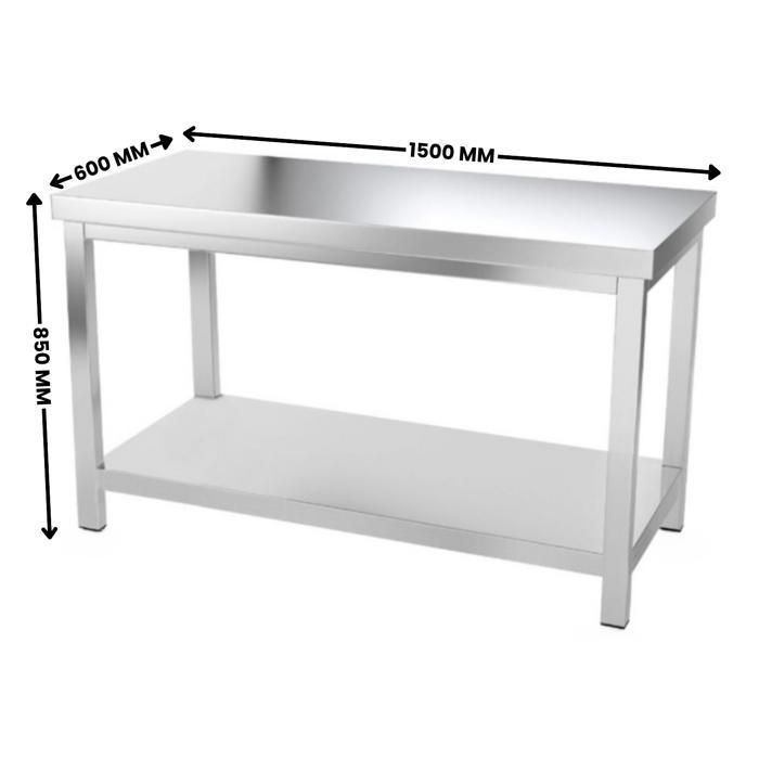Mesa central em aço inoxidável 1500 x 600 mm - aço inoxidável 0,8 mm - prateleira inferior - capacidade de carga 150 kg