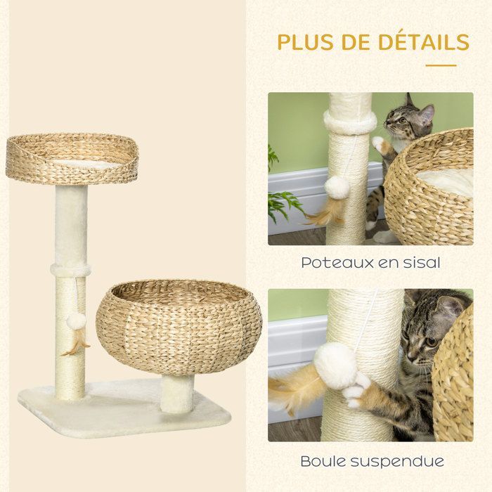 Cat tree - PawHut - 2-level scratching post, 72 cm high, sisal post, hide, platform - plush - beige