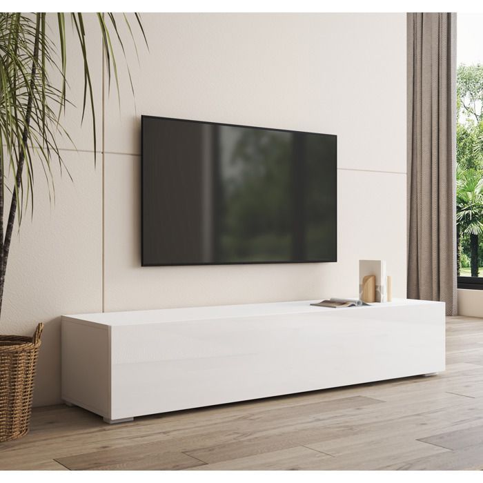 Meuble TV avec pieds pour Salon | 1 Porte avec 3 Compartiments | Couleur Blanc | L 160 x P 40 x H 32 cm | Modèle Nora H2