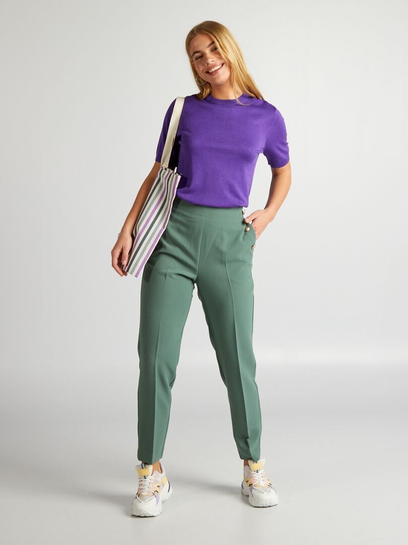 Rechte broek met goudkleurige knopen met patroon - GROEN