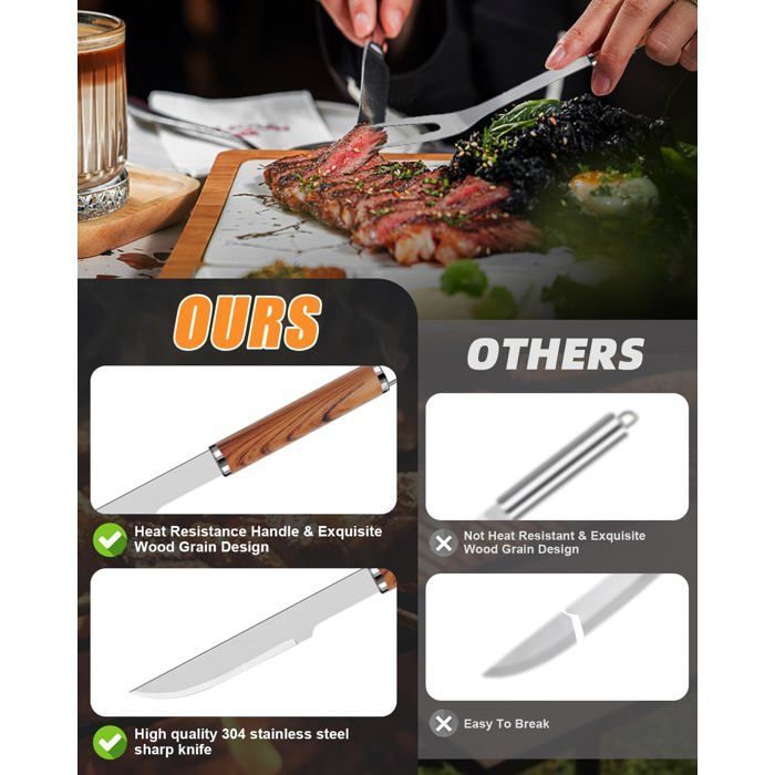 Juego de utensilios para barbacoa 9 en 1, fabricado en acero inoxidable extragrueso con bolsa de almacenamiento, juego completo de utensilios.