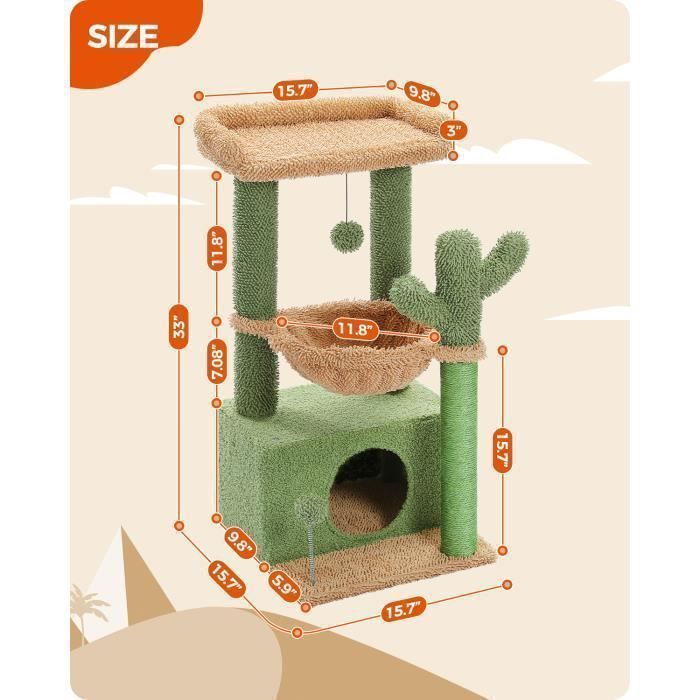 PAWZ Road Cactus Cat Tree with Large Condo, Scratching Post & Cat Tree with Hammock and Perch, 83 cm, Green