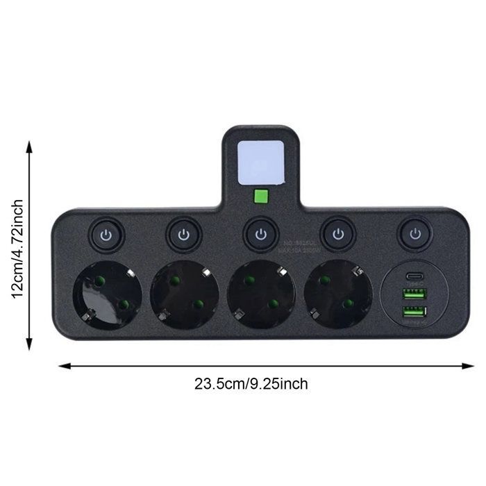 5 en 1 Multiprise Electrique, 2500W / 10A, avec 4 Prises Française 2 USB A et 1 Type C, Noir