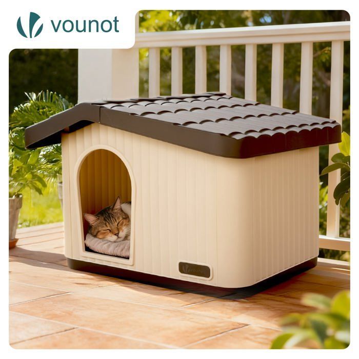 Caseta/perrera impermeable de plástico VOUNOT® para gatos y perros, 60x51x41cm - Techo inclinado desmontable - Apta para uso interior y exterior - Beige