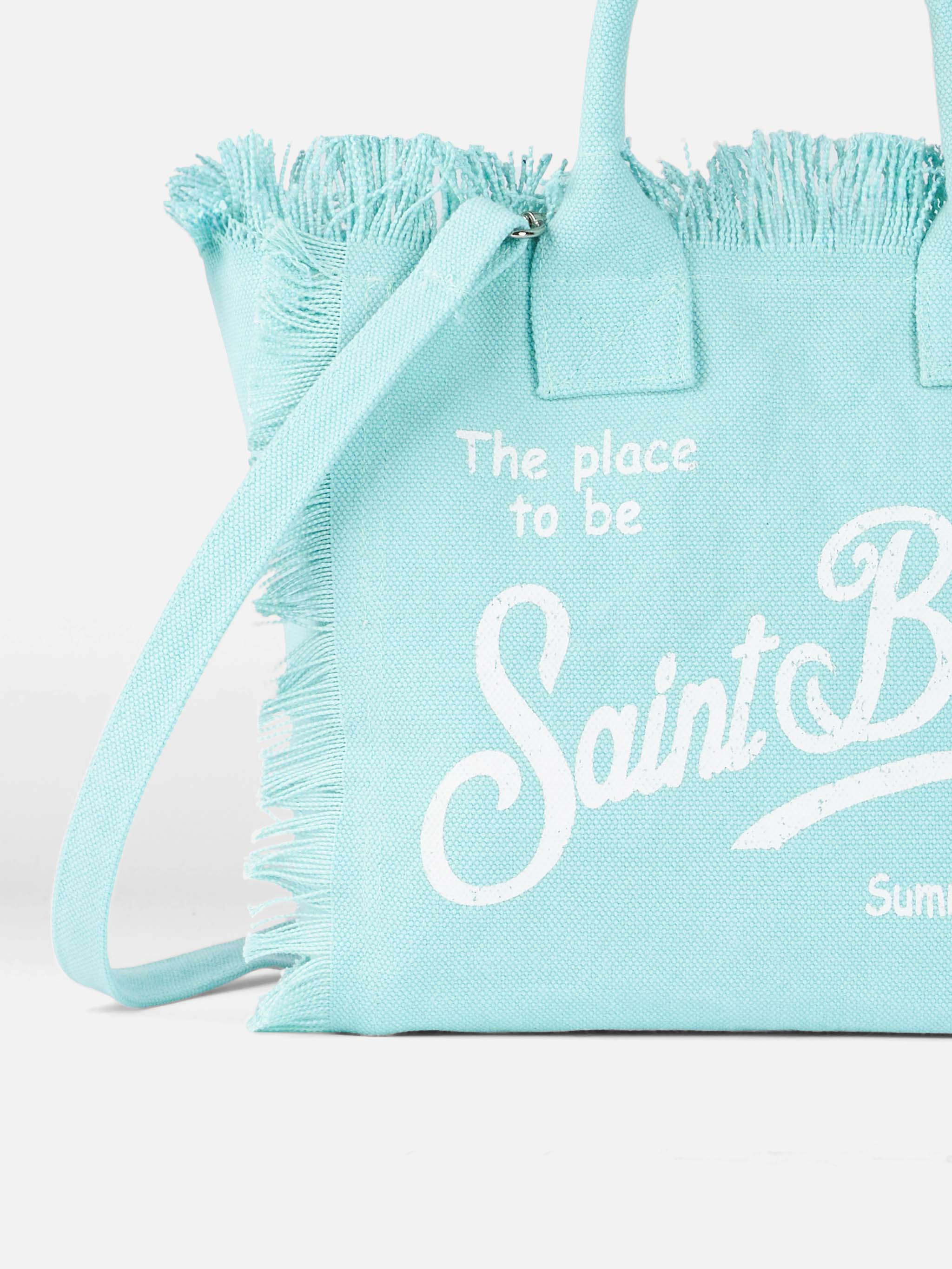 Colette katoenen canvas handtas met franjes - watergroen met Saint Barth-logo en ritsvak | MC2 Saint Barth