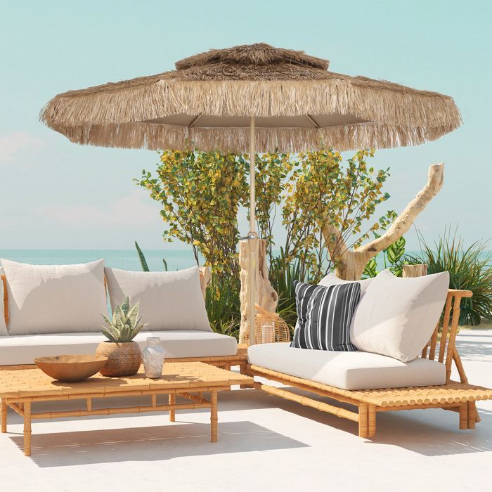 Ombrellone da giardino in paglia per esterni - Outsunny - Ø 294 cm - 8 stecche in metallo - 140 g - Protezione UV con manovella - giallo