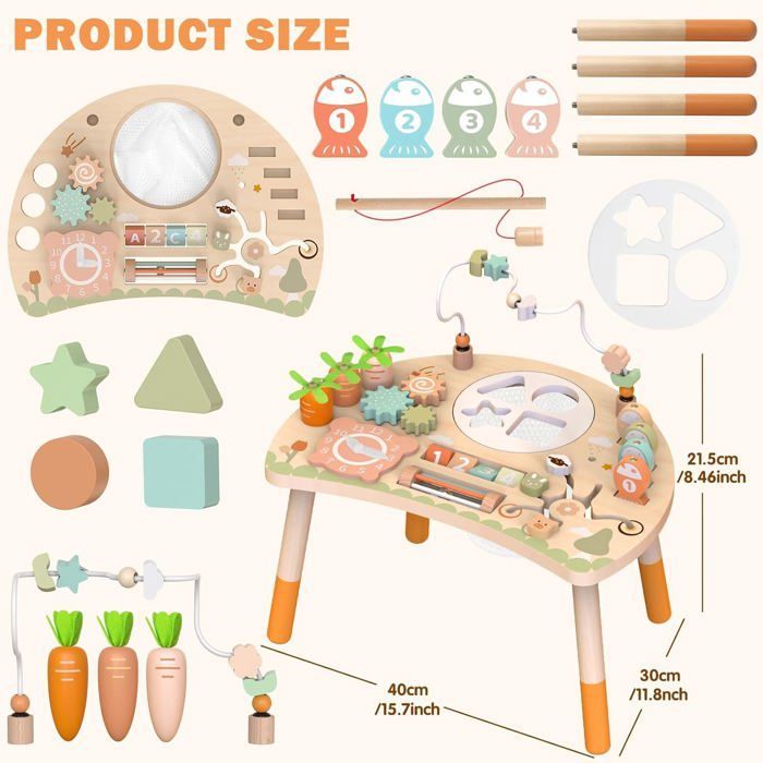 Table d'activités Montessori en bois - ZUUKO - 9 en 1 - Trieur de formes - Jeu de pêche - Labyrinthe de perles