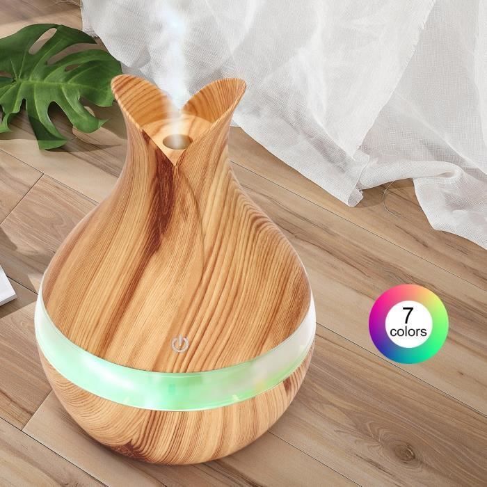 VINGVO 300ml Diffuseur d'arôme huile essentielle humidificateur d'air 7 couleurs LED veilleuse léger grain en bois