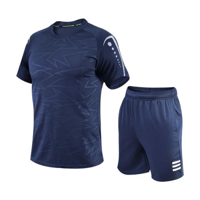 Completo da uomo: t-shirt a maniche corte stampata e pantaloncini con taschino, traspiranti, ideali per fitness e corsa.