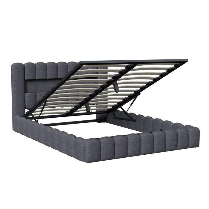 160x200cm Bed - 160x200cm Storage Bed and Slatted Base - RGB LED Headboard, USB/Type-C Ports - Mattress Not Included - Grey Linen Fabric