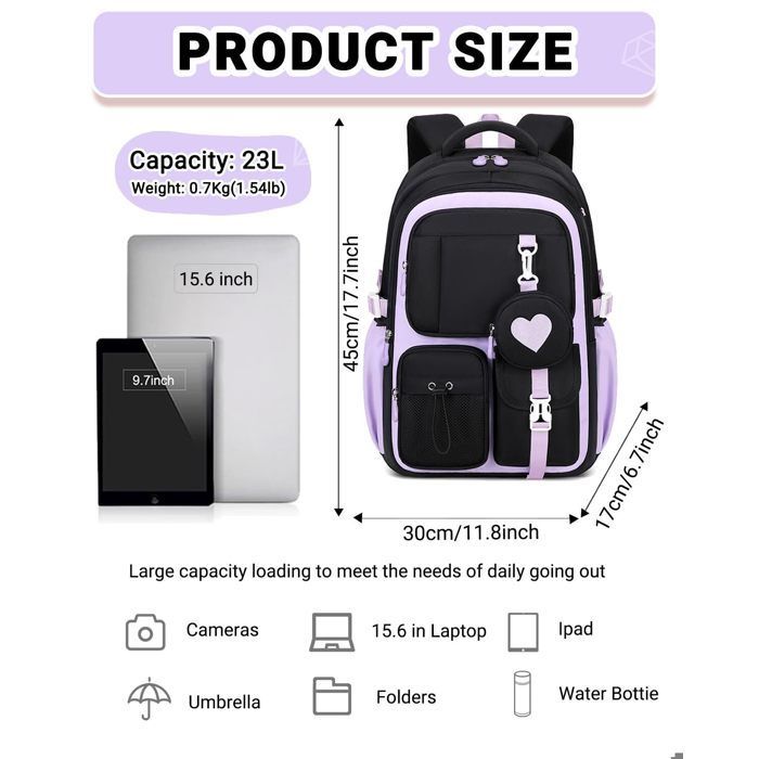 Mochila escolar para niñas, primaria, 20 litros, ergonómica, impermeable, adecuada para niñas de 7 a 10 años - Negra