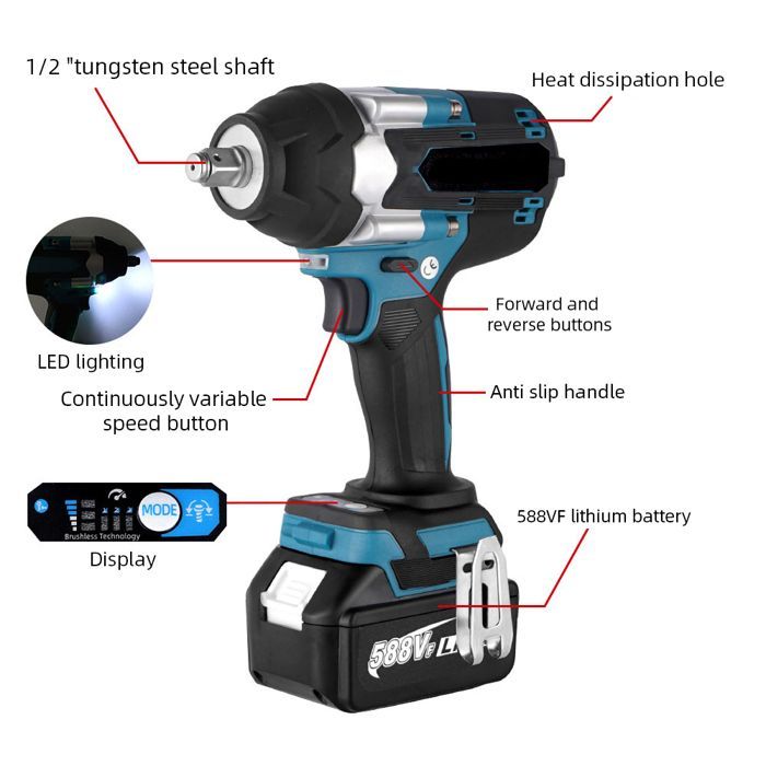 Avvitatore a impulsi elettrico senza fili da 1/2 pollice, 1800 Nm, motore brushless, compatibile con batteria Makita da 18 V, 5 velocità, 7700 IPM, 7200 RPM