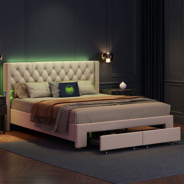 Cama de 140x190 cm - COZY - LED - tela de terciopelo - base de láminas - cajón - estructura de cama doble de 140x190 cm - beige