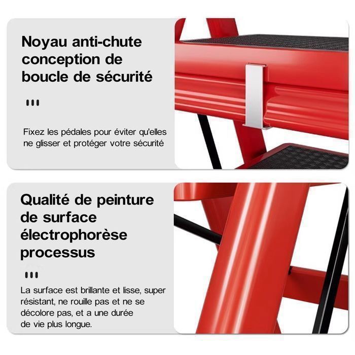Escalera plegable de 5 peldaños Seven Comfort - Estabilidad y seguridad óptimas - 74 × 47 × 139 cm (largo × ancho × alto) - Capacidad de carga de 150 kg - Acero - Rojo
